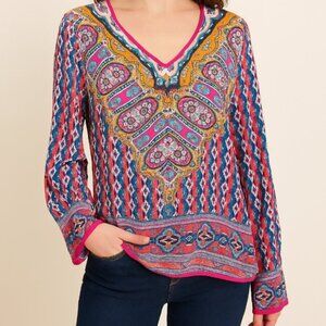 Tolani Silk Long Sleeve Pink Multicolor V neck shirt blouse size small or medium